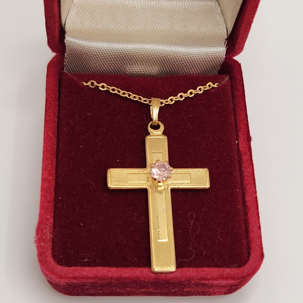 Vintage Dainty Pink Rhinestone Cross Necklace Gold Tone Made in USA 17 Inch